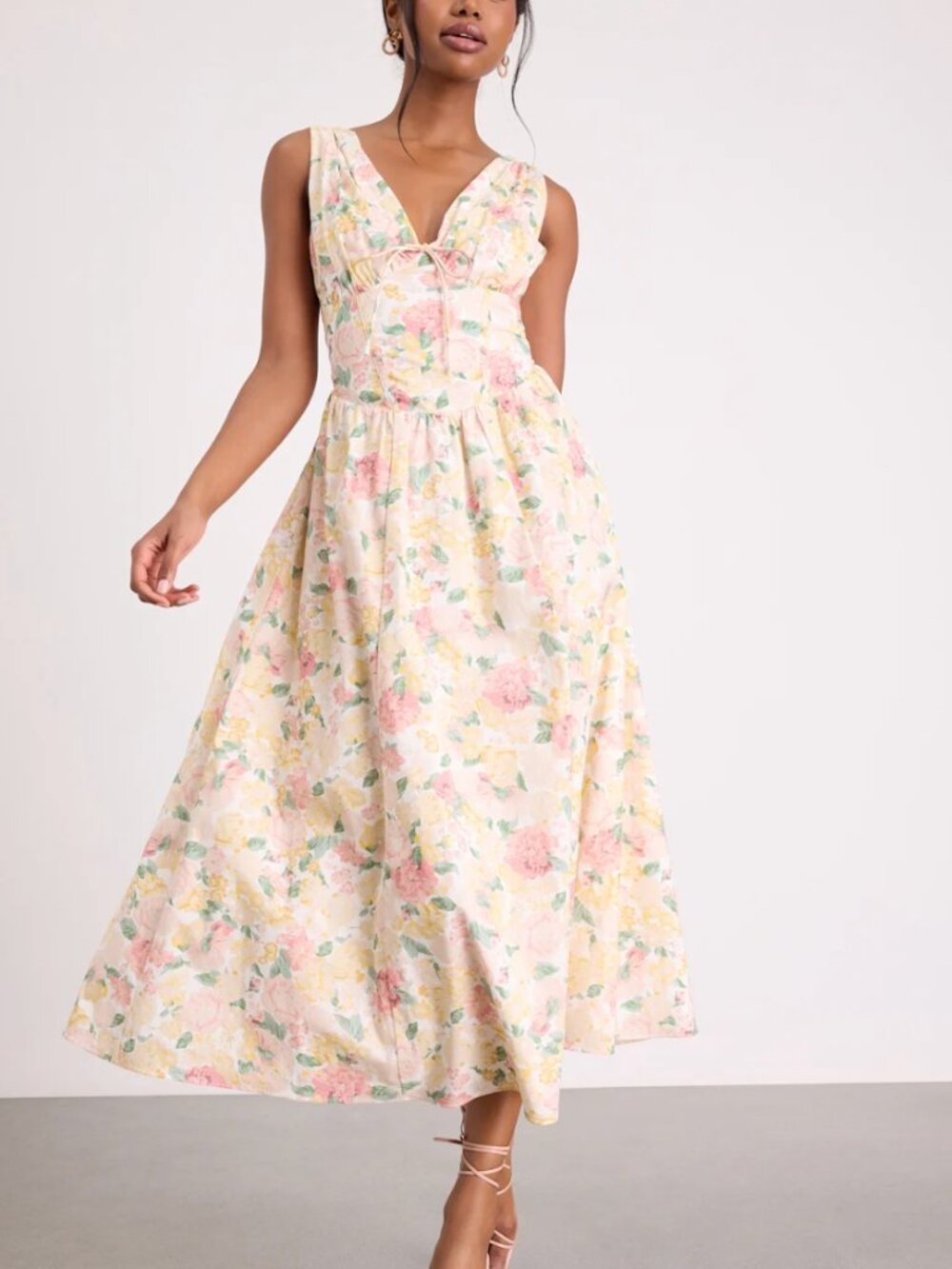 Lettie Ivory Multi Floral Poplin Plunge Neck Midi Dress